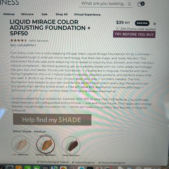 Luminess Liquid Mirage Foundation with Brush  - Medium - NWOT - Picture 2 of 3